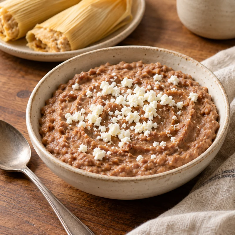A bowl of creamy mashed pinto beans topped with crumbled white cheese, with tamales on a plate behind.
