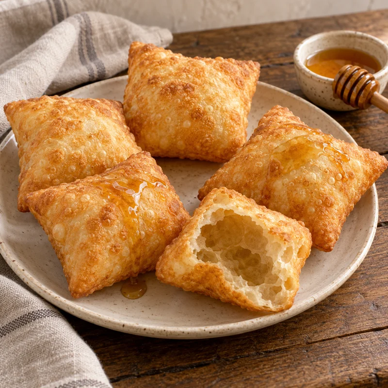 Golden square sopapillas drizzled with honey on a plate, one torn open to show its hollow center, with a honey bowl and dipper beside them.