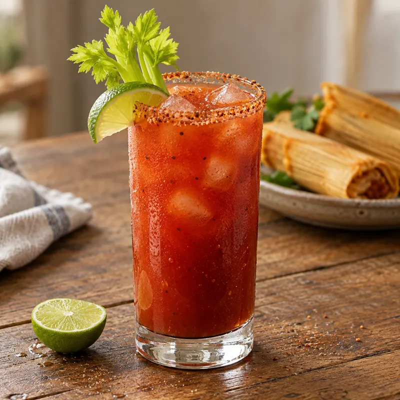 A Bloody María in a tall glass with a chile-salt rim, garnished with celery and a lime wedge, with tamales on a plate behind it.