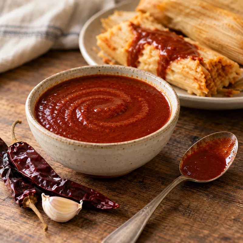 A bowl of deep red chile sauce on a wooden table, with dried guajillo chiles, a peeled garlic clove, a spoon and a plate of husk-wrapped tamales behind it.