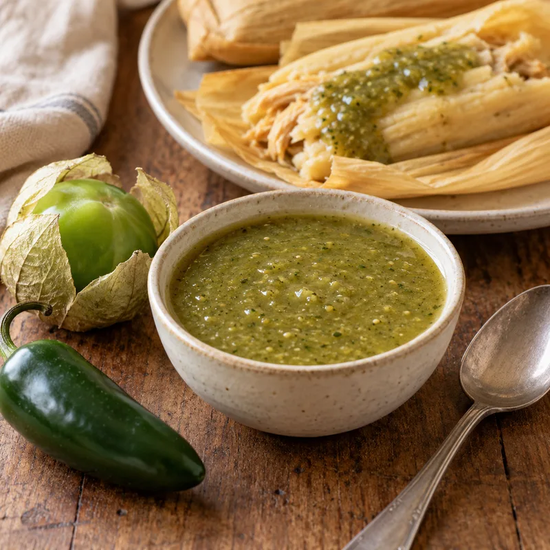 A bowl of olive-green tomatillo sauce with visible seeds on a wooden table, beside a tomatillo in its papery husk, a whole jalapeño and a spoon, with a chicken tamale in a husk behind.