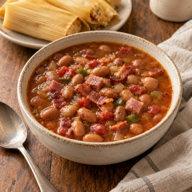 A bowl of whole pinto beans in reddish broth with diced meat, tomatoes and green peppers, with tamales behind.