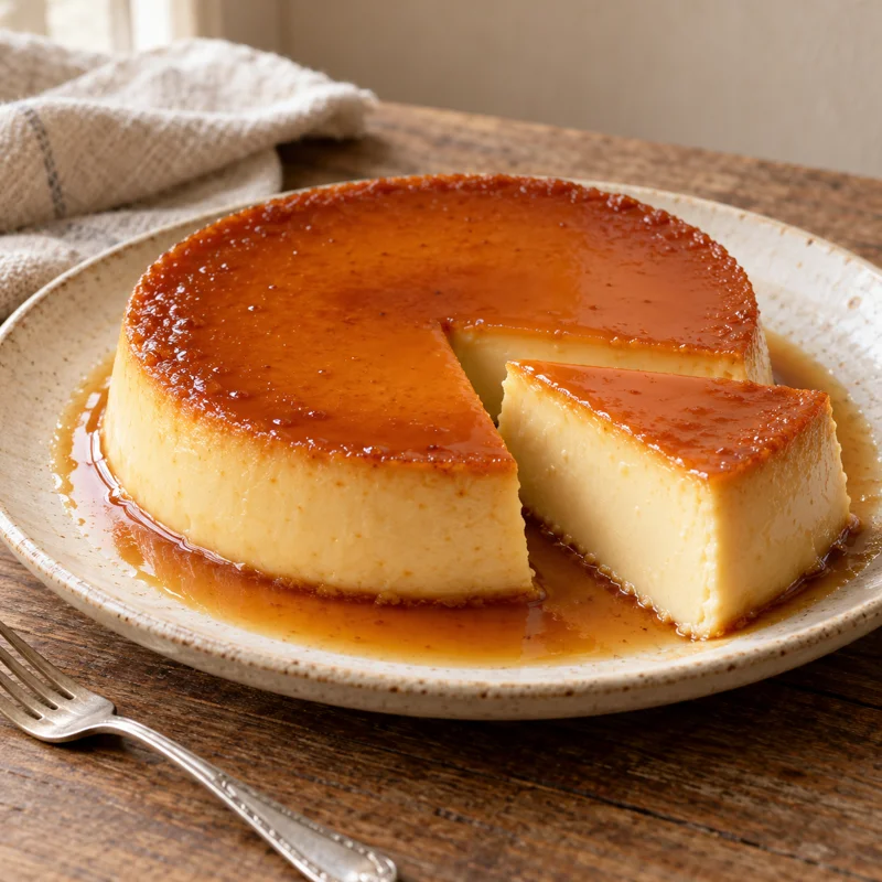 A round vanilla flan topped with glossy amber caramel, with a cut wedge beside it and caramel sauce pooled on the serving plate.