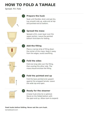 Preview of the printable folding guide: six numbered steps for folding a tamale, from preparing the husk to ready for the steamer.