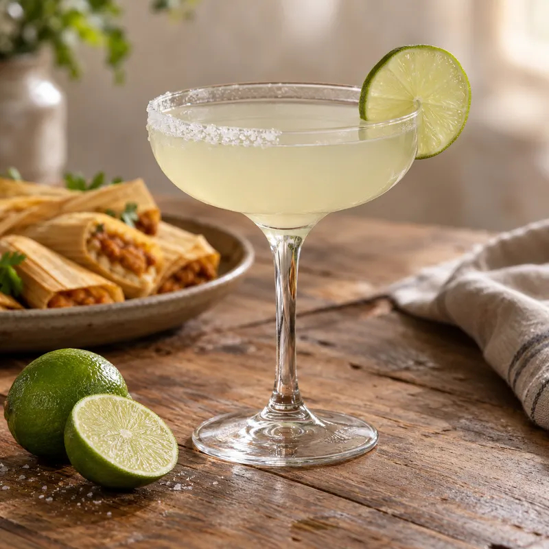 A Classic Margarita in a stemmed glass with a salt rim and lime wheel, with a plate of tamales behind it.