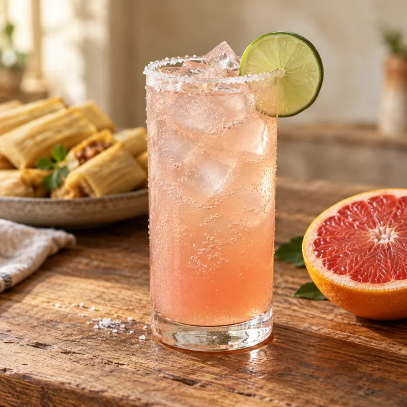 A Grapefruit Paloma in a tall salt-rimmed glass with ice and a lime wheel, a cut grapefruit beside it and tamales on a plate behind.