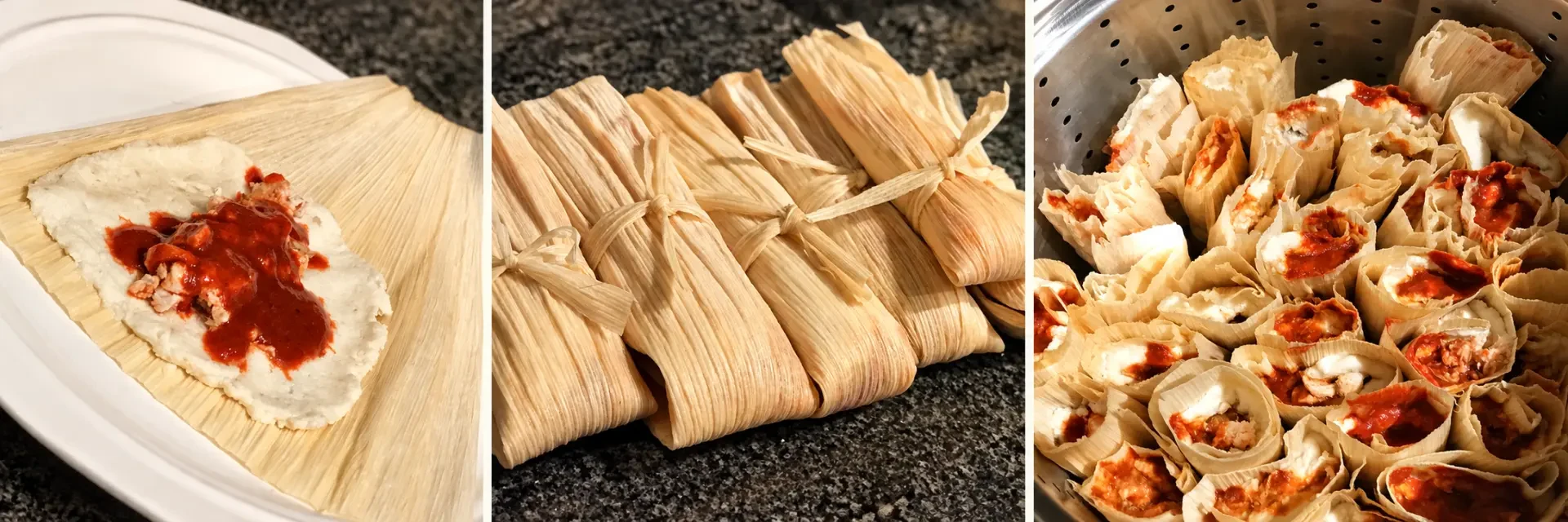 Tamale assembly, folded husks and a batch ready to steam.