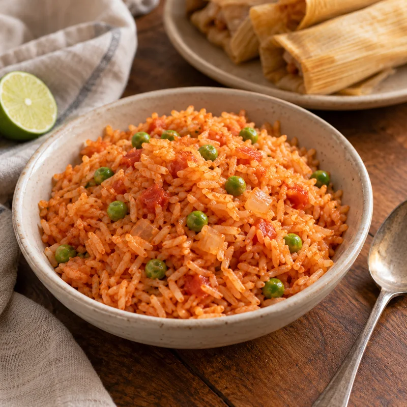 A bowl of red tomato rice with green peas and diced onion, with a lime half beside it and husk-wrapped tamales behind.