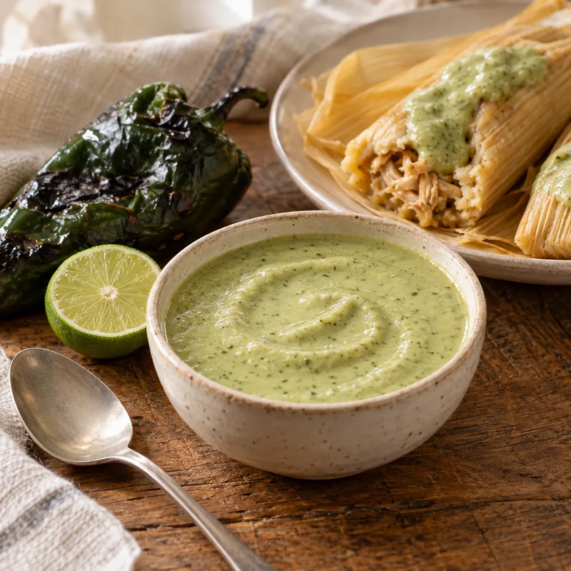 A bowl of creamy pale-green poblano sauce swirled on top, on a wooden table, with a charred poblano, a cut lime half, a spoon and a plate of tamales drizzled with the sauce behind.